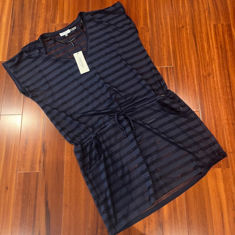 Calvin Klein Swim Coverup Dress Navy Blue Mesh Stripe Sheer New NWT Size Medium